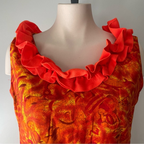 60s Vintage Inga Nielsen Orange Ruffled Sheath Midi Dress Psychedelic Retro Rare - Picture 8 of 9